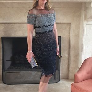 Pamella Roland Silver/Navy Beaded Dress